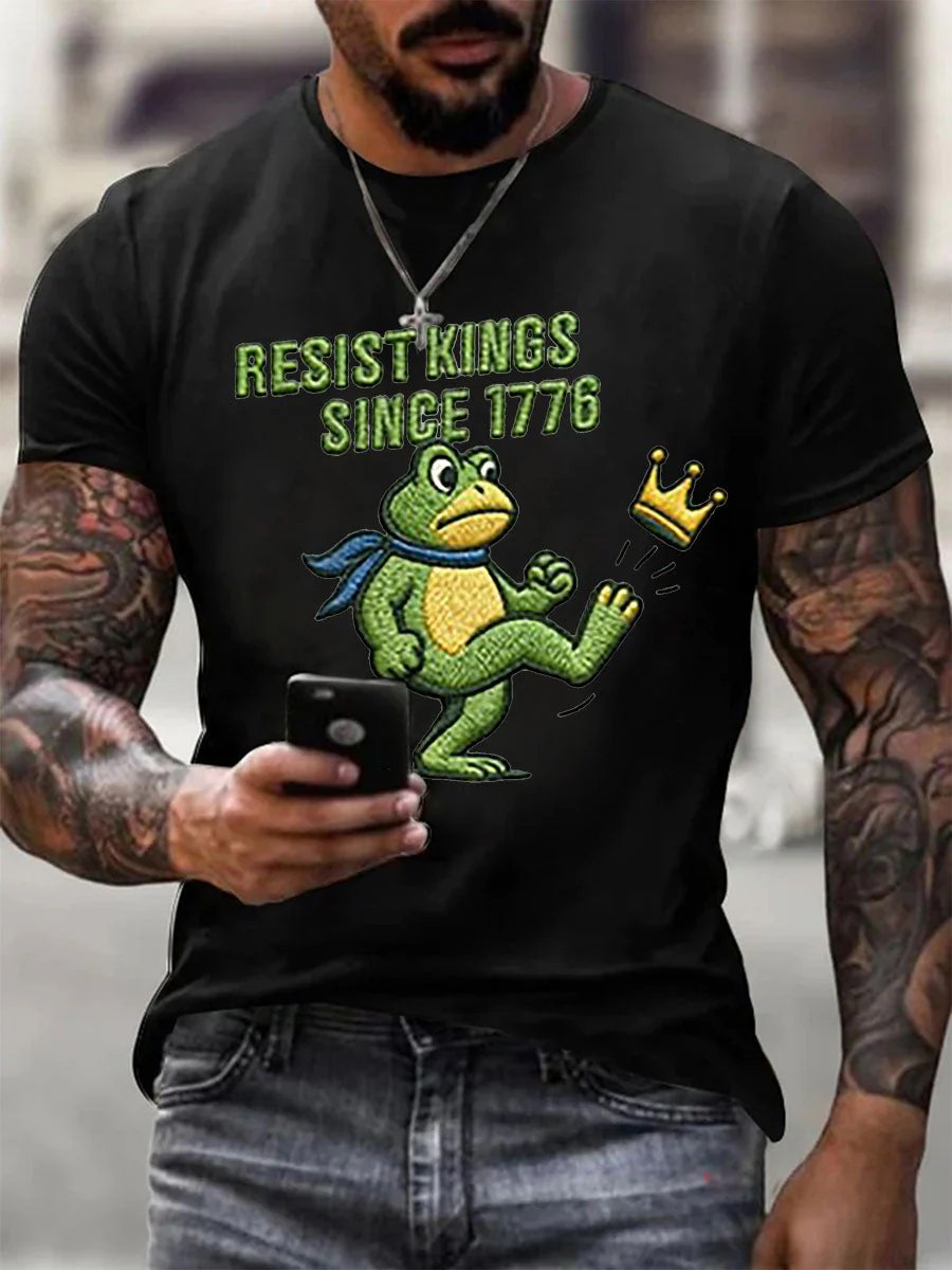 Men's Retro Resist Kings Since 1776 Printed Round Neck T-Shirt