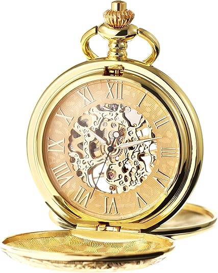 Mechanical Skeleton Pocket Watch Unisex Double Case with Roman Numerals and Chain Strap