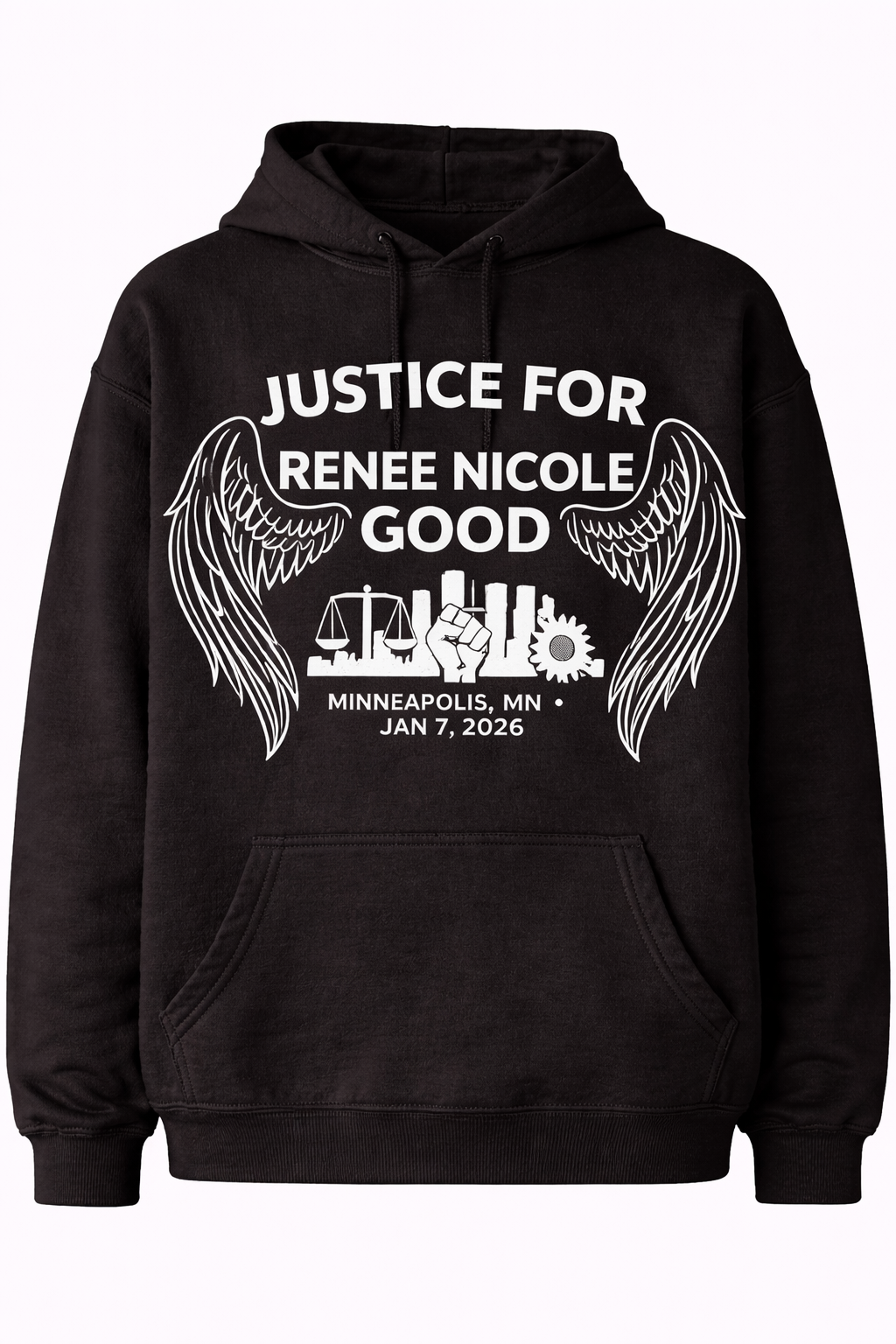 Justice for Renee Nicole Good Wings & Scales Hoodie - Black Minneapolis Jan 7 2026 Social Justice Pullover