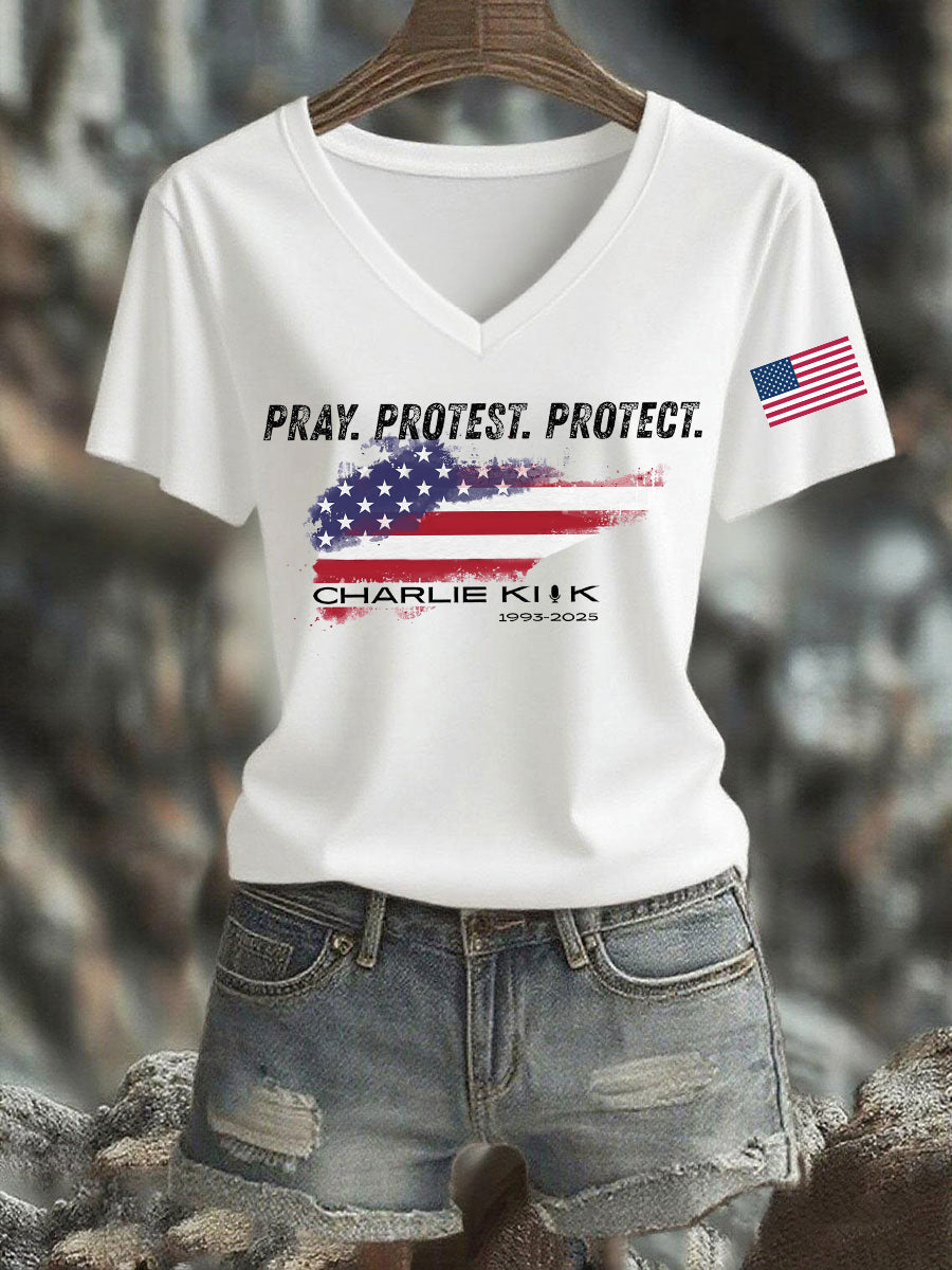 Women's Pray Protest Protect Charlie Kirk Printed T-shirt