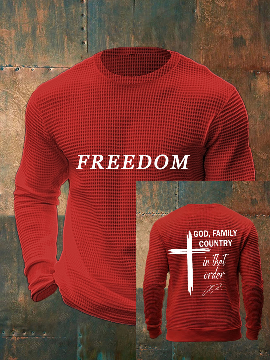 Men's God, Family, Country In That Order Charlie Kirk Print Waffle Long Sleeve Top