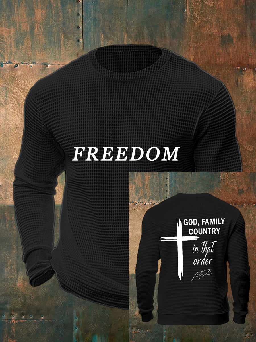 Men's God, Family, Country In That Order Charlie Kirk Print Waffle Long Sleeve Top